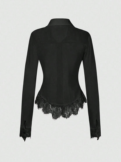 Elenzga Women's Fashionable Elegant Sexy Single-Breasted Lace Patchwork Asymmetrical Hem Sheer Blouse Night Out Black Summer