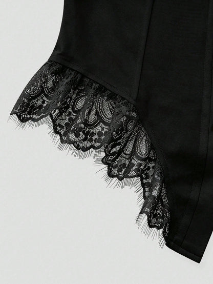 Elenzga Women's Fashionable Elegant Sexy Single-Breasted Lace Patchwork Asymmetrical Hem Sheer Blouse Night Out Black Summer