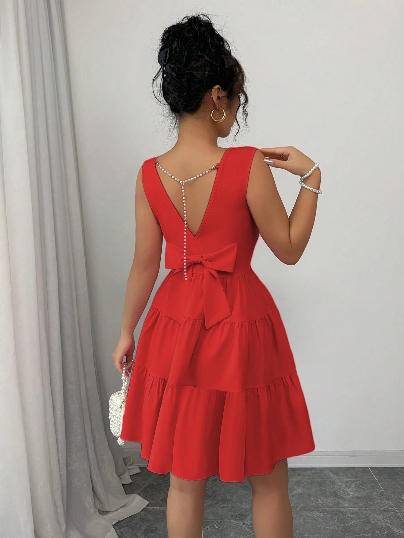 Elenzga Women's Solid Color Round Neck Sleeveless Backless Knot Elegant Dress