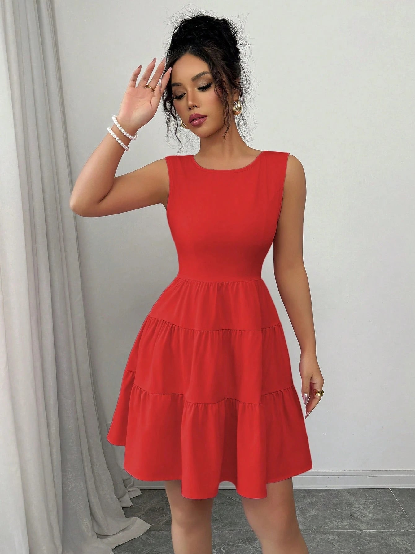 Elenzga Women's Solid Color Round Neck Sleeveless Backless Knot Elegant Dress