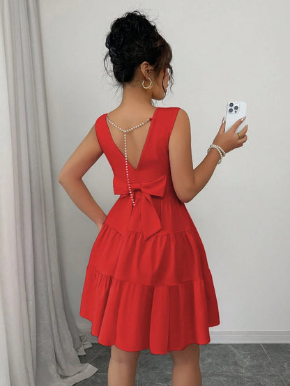 Elenzga Women's Solid Color Round Neck Sleeveless Backless Knot Elegant Dress