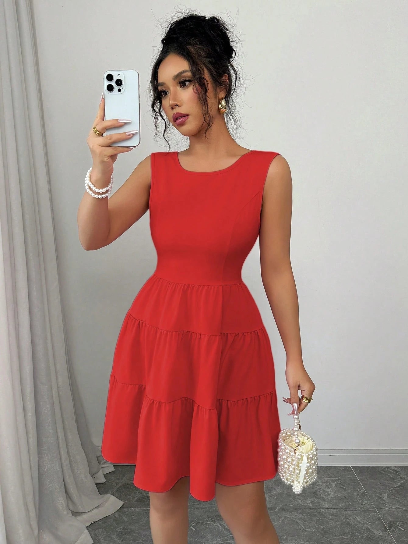 Elenzga Women's Solid Color Round Neck Sleeveless Backless Knot Elegant Dress