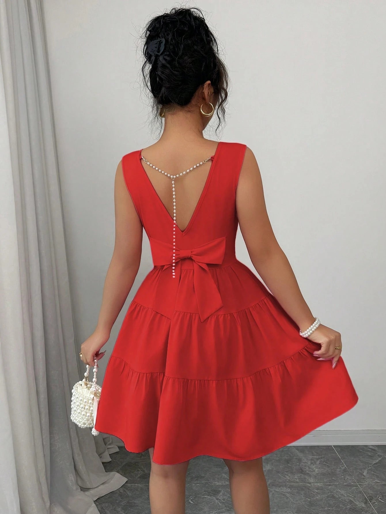Elenzga Women's Solid Color Round Neck Sleeveless Backless Knot Elegant Dress