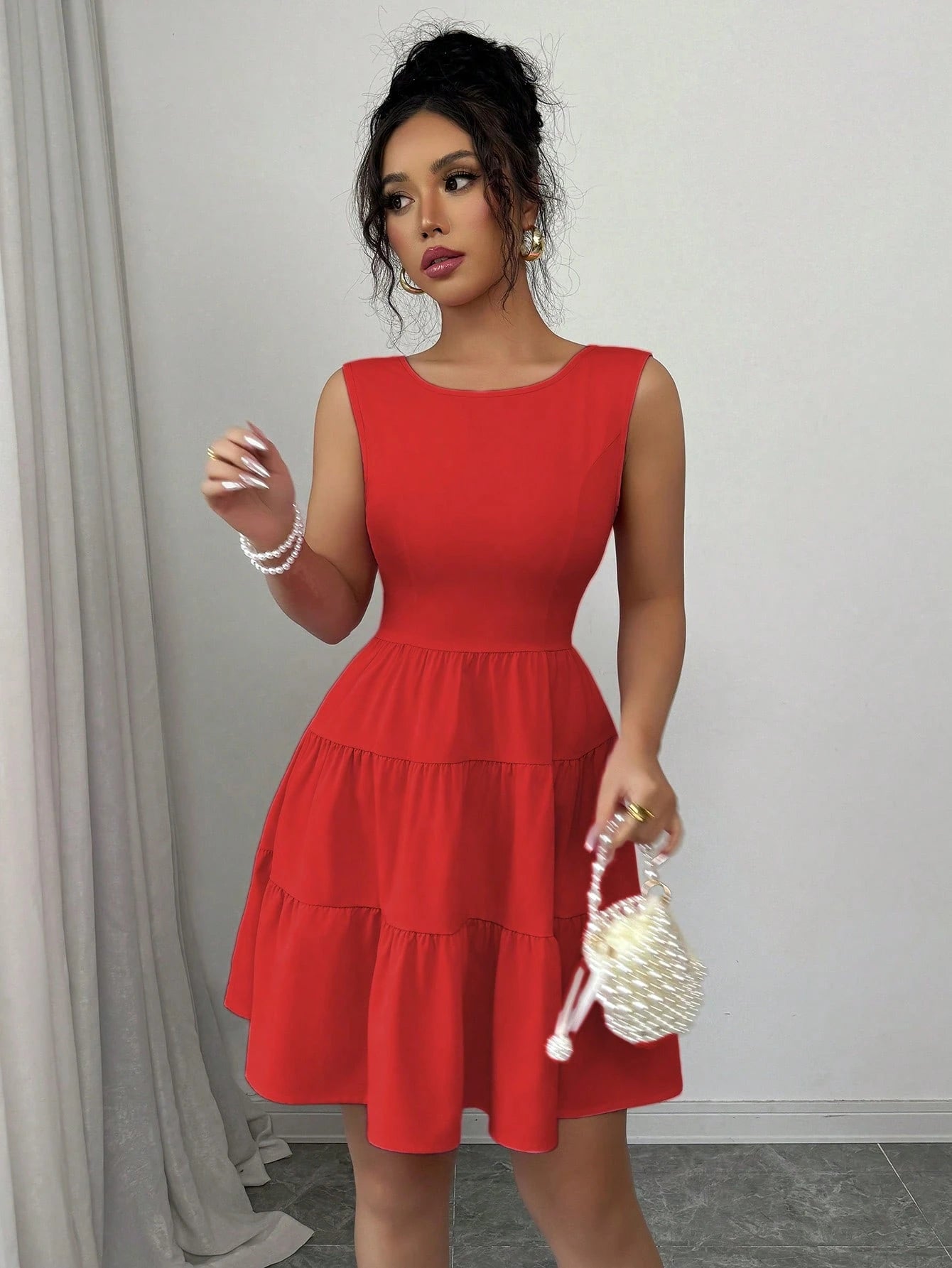 Elenzga Women's Solid Color Round Neck Sleeveless Backless Knot Elegant Dress