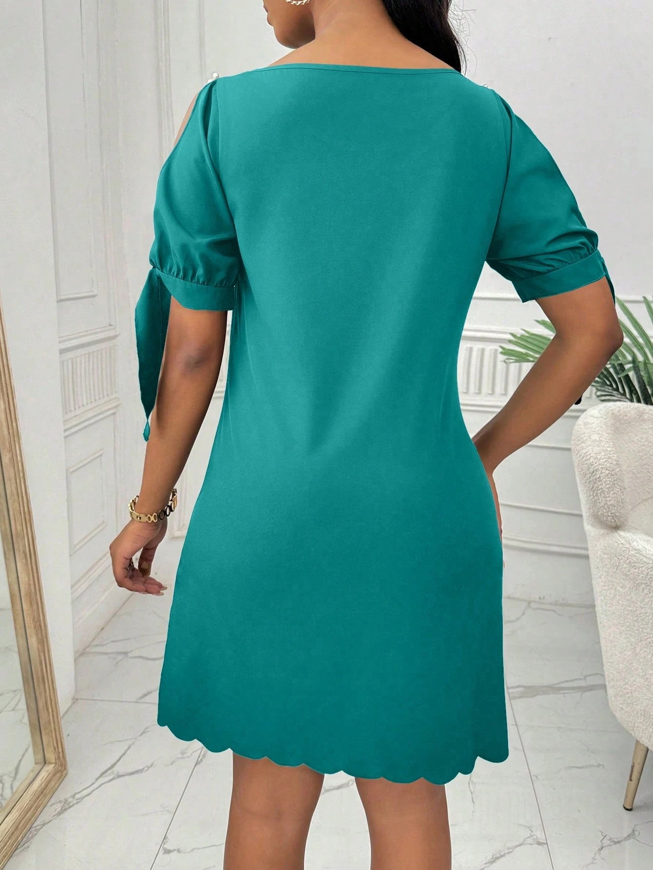 Elenzga Women's Solid Color Round Neck Split Sleeve Pearl Embellished Elegant Dress