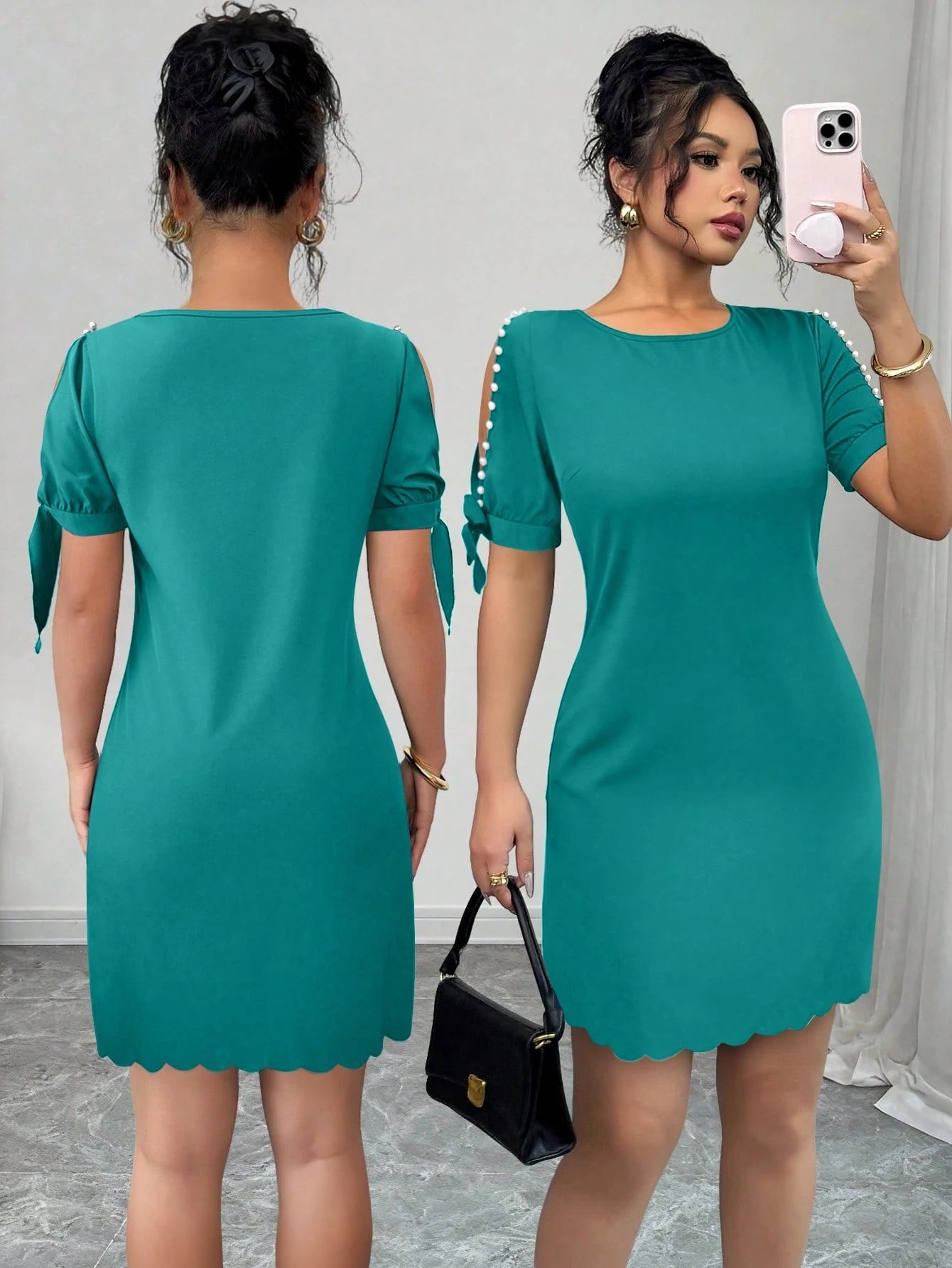 Elenzga Women's Solid Color Round Neck Split Sleeve Pearl Embellished Elegant Dress