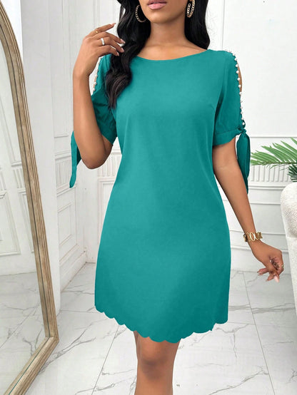 Elenzga Women's Solid Color Round Neck Split Sleeve Pearl Embellished Elegant Dress