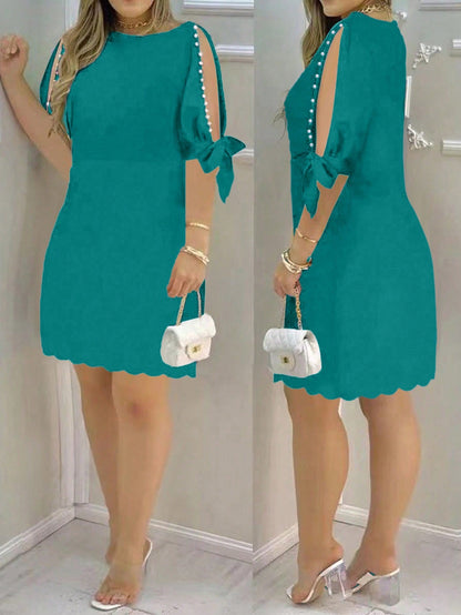 Elenzga Women's Solid Color Round Neck Split Sleeve Pearl Embellished Elegant Dress