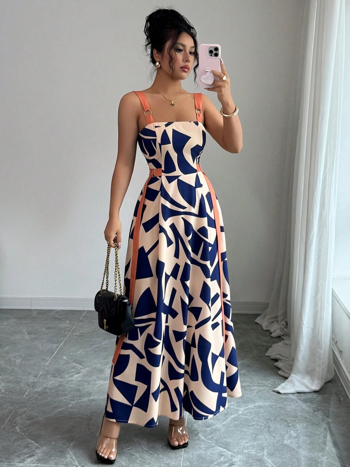Elenzga Women's Summer New Casual Spaghetti Strap Waisted Wide Hem Geometric Print Dress