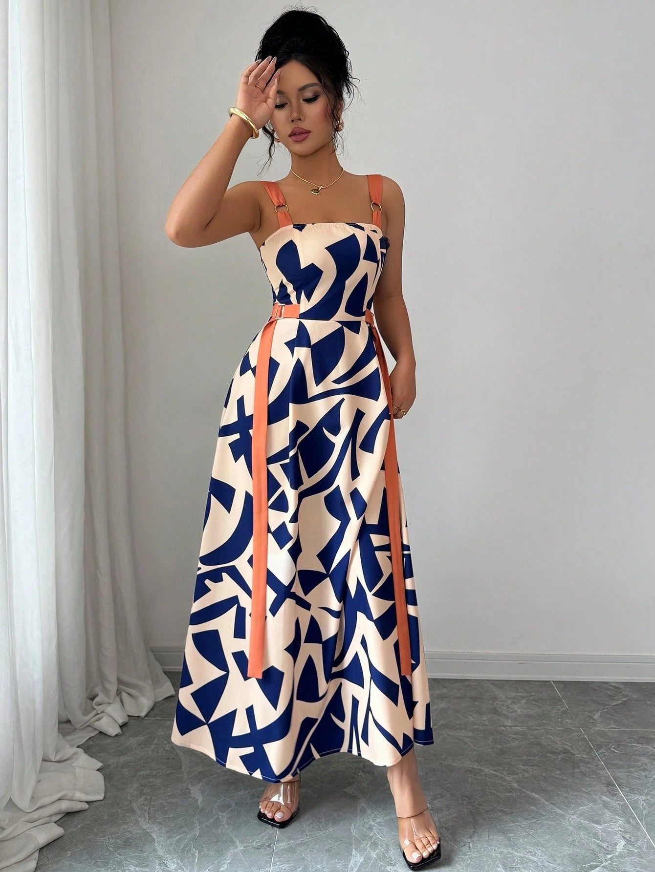Elenzga Women's Summer New Casual Spaghetti Strap Waisted Wide Hem Geometric Print Dress