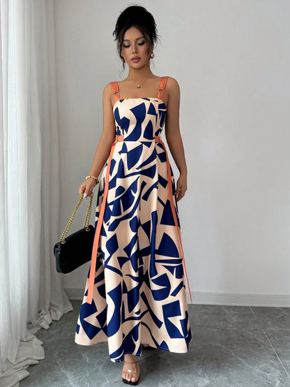Elenzga Women's Summer New Casual Spaghetti Strap Waisted Wide Hem Geometric Print Dress