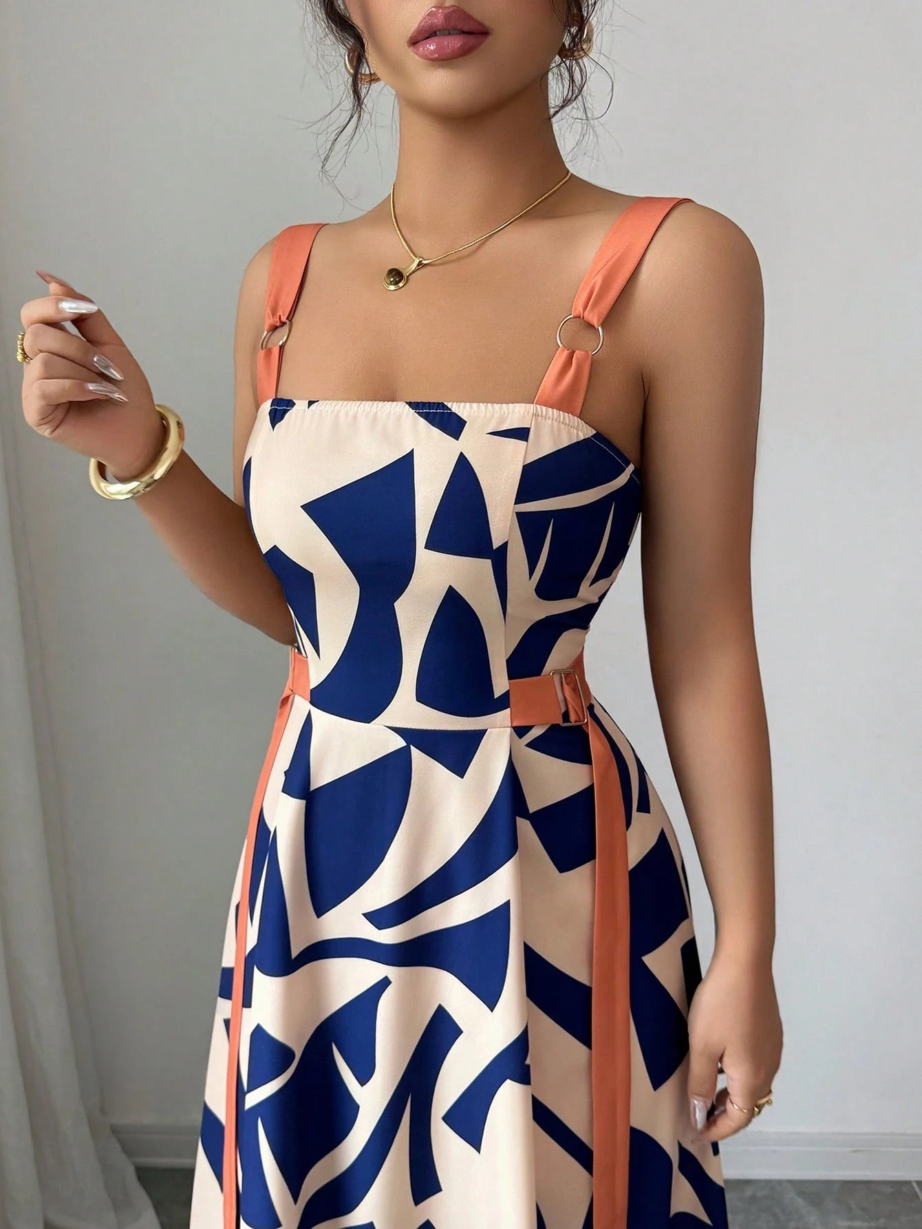 Elenzga Women's Summer New Casual Spaghetti Strap Waisted Wide Hem Geometric Print Dress