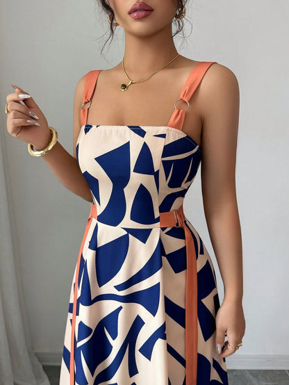 Elenzga Women's Summer New Casual Spaghetti Strap Waisted Wide Hem Geometric Print Dress