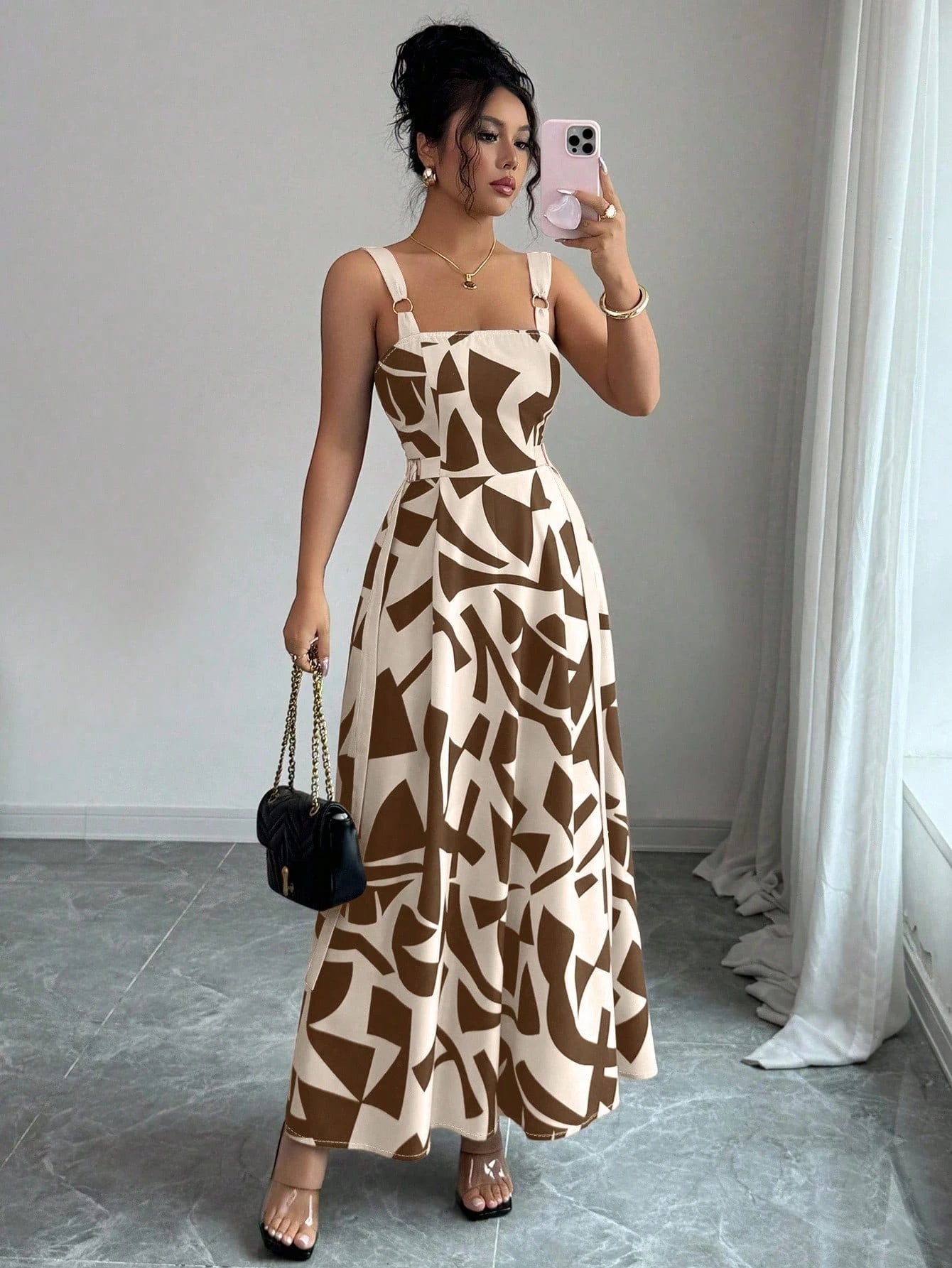 Elenzga Women's Summer New Casual Spaghetti Strap Waisted Wide Hem Geometric Print Dress