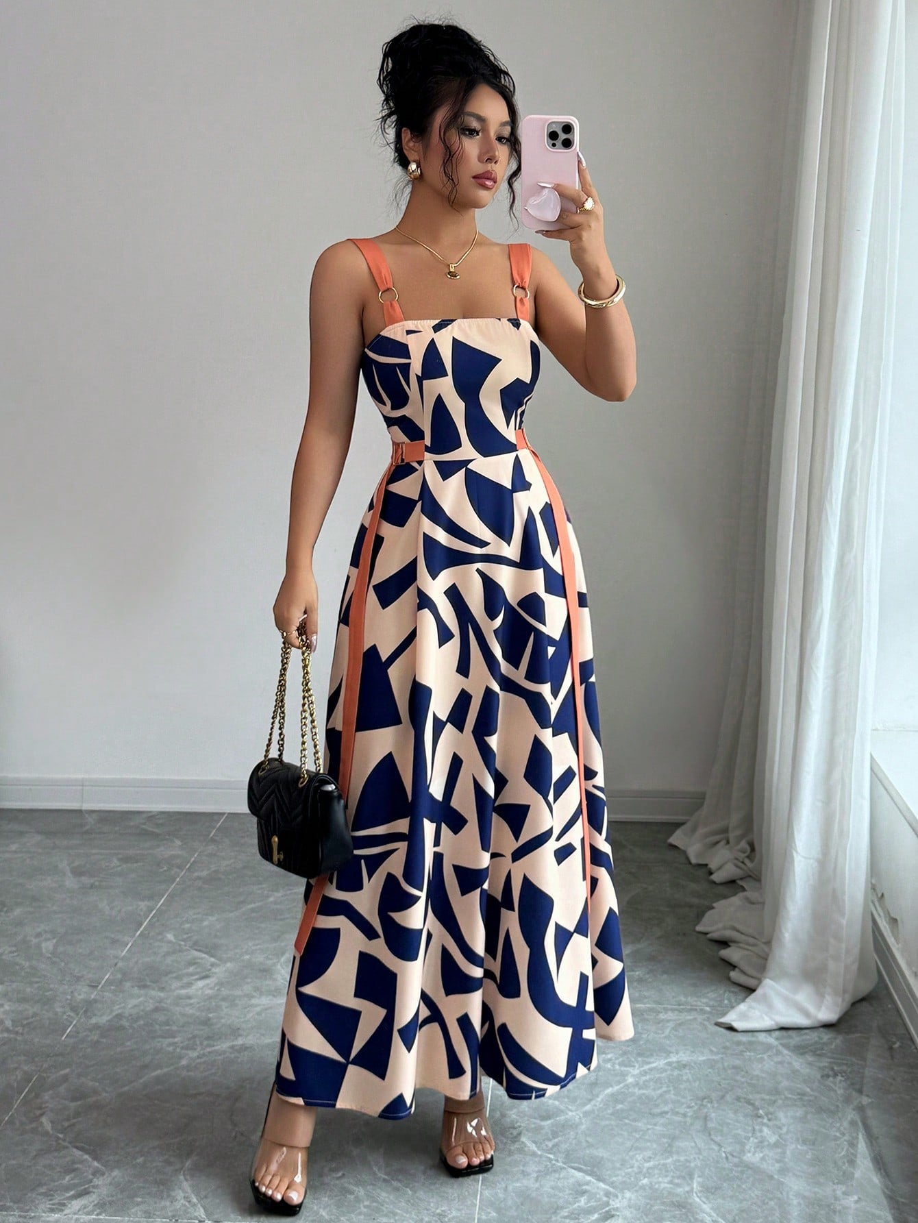 Elenzga Women's Summer New Casual Spaghetti Strap Waisted Wide Hem Geometric Print Dress
