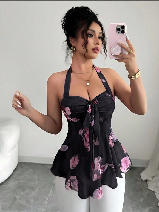 Elenzga Women's Summer Spaghetti Strap Elasticated Waist Casual/Resort Floral Print Mesh Transparent Sexy Cold-Shoulder Tank Top
