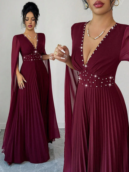 Elenzya Elegant Romantic Pleated V-Neck Waist Cinched A-Line Chiffon Patchwork Long Sleeve Dress, Suitable For Christmas, Music Festivals, Parties, Dates