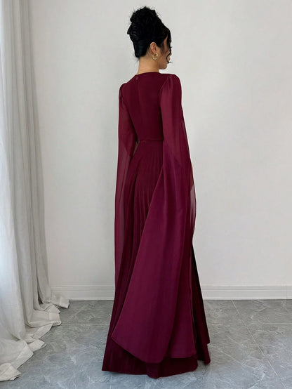 Elenzya Elegant Romantic Pleated V-Neck Waist Cinched A-Line Chiffon Patchwork Long Sleeve Dress, Suitable For Christmas, Music Festivals, Parties, Dates