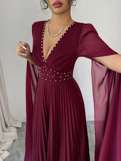 Elenzya Elegant Romantic Pleated V-Neck Waist Cinched A-Line Chiffon Patchwork Long Sleeve Dress, Suitable For Christmas, Music Festivals, Parties, Dates