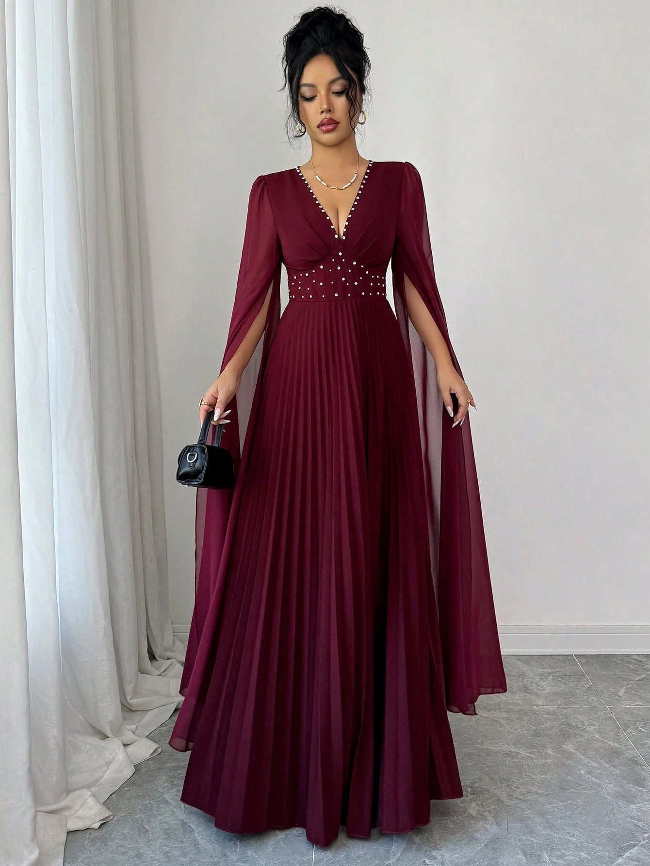 Elenzya Elegant Romantic Pleated V-Neck Waist Cinched A-Line Chiffon Patchwork Long Sleeve Dress, Suitable For Christmas, Music Festivals, Parties, Dates