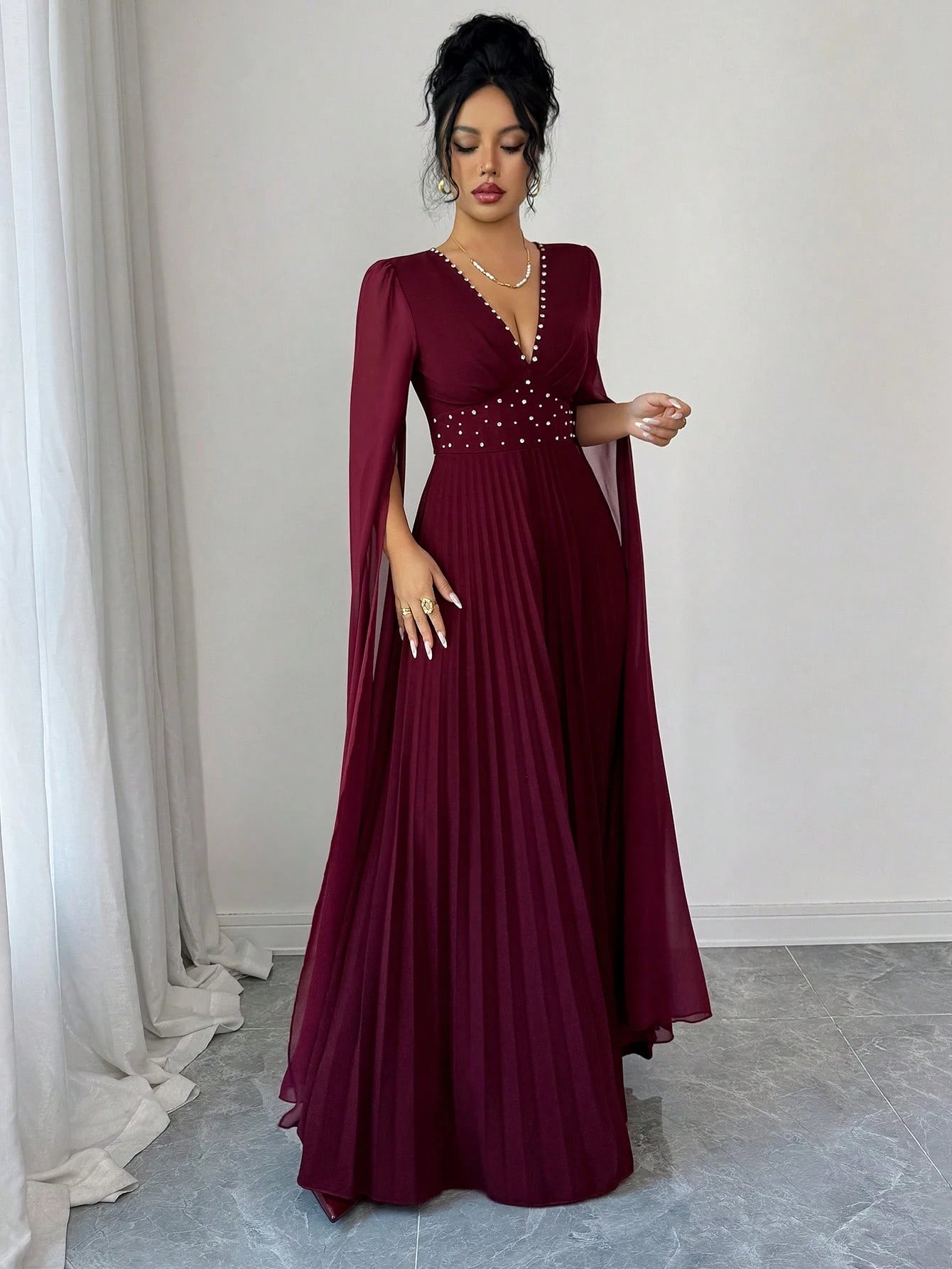 Elenzya Elegant Romantic Pleated V-Neck Waist Cinched A-Line Chiffon Patchwork Long Sleeve Dress, Suitable For Christmas, Music Festivals, Parties, Dates