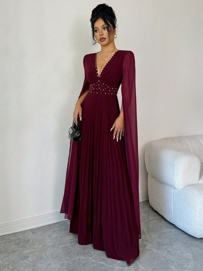 Elenzya Elegant Romantic Pleated V-Neck Waist Cinched A-Line Chiffon Patchwork Long Sleeve Dress, Suitable For Christmas, Music Festivals, Parties, Dates
