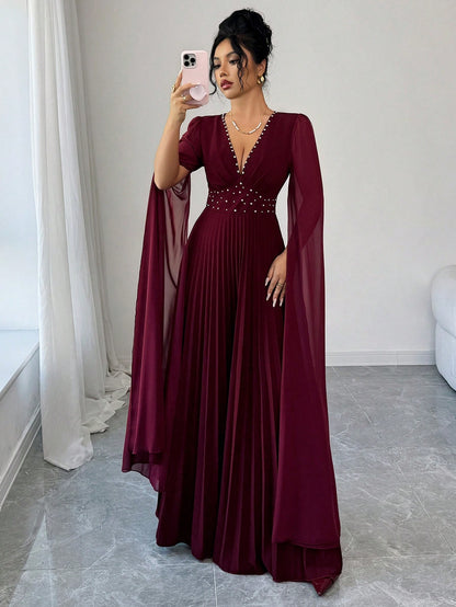 Elenzya Elegant Romantic Pleated V-Neck Waist Cinched A-Line Chiffon Patchwork Long Sleeve Dress, Suitable For Christmas, Music Festivals, Parties, Dates