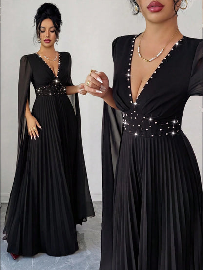 Elenzya Elegant Romantic Pleated V-Neck Waist Cinched A-Line Chiffon Patchwork Long Sleeve Dress, Suitable For Christmas, Music Festivals, Parties, Dates