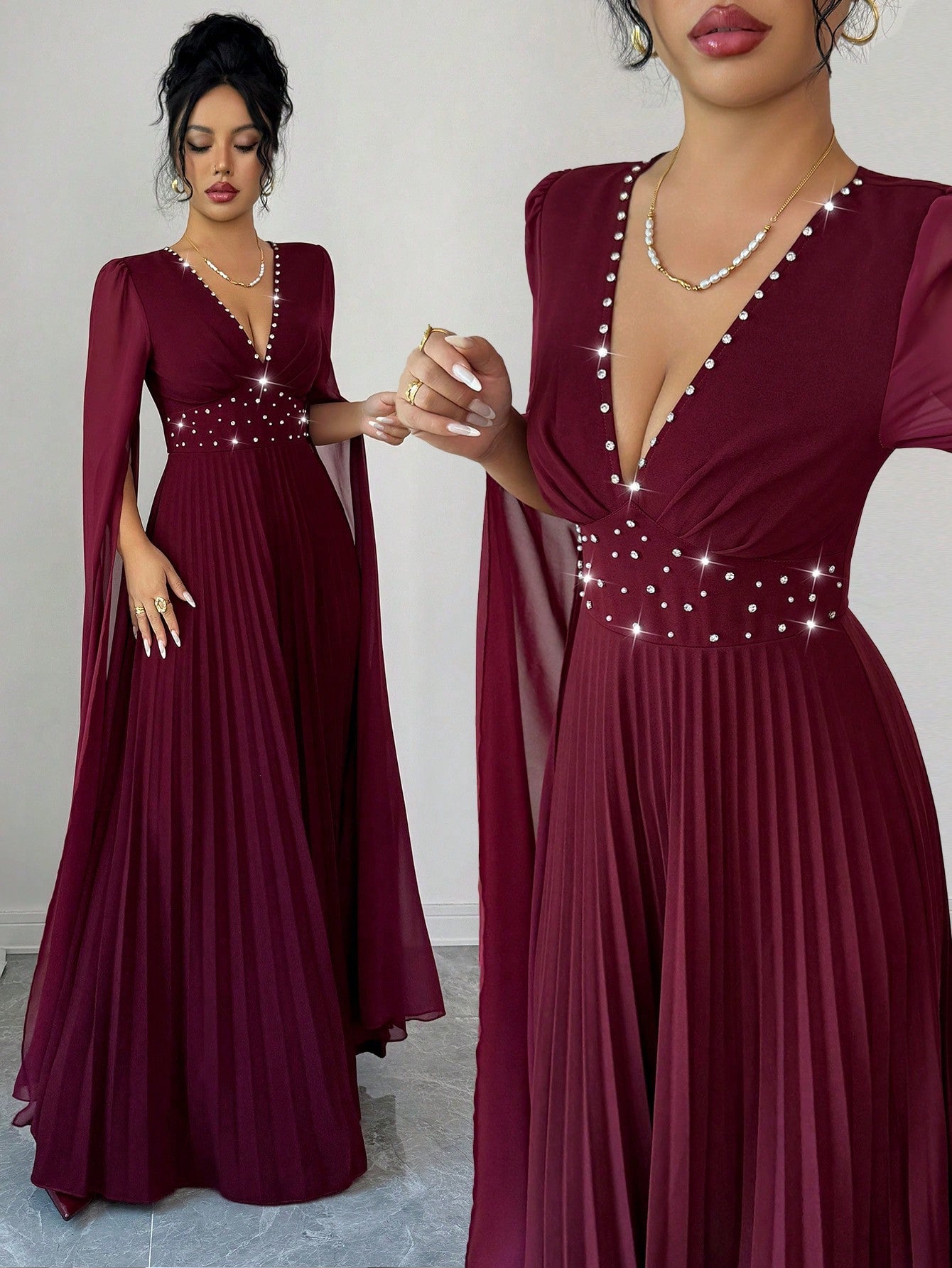 Elenzya Elegant Romantic Pleated V-Neck Waist Cinched A-Line Chiffon Patchwork Long Sleeve Dress, Suitable For Christmas, Music Festivals, Parties, Dates