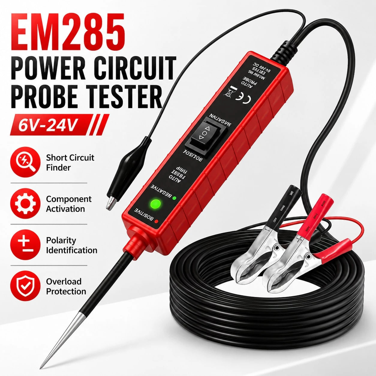 EM285 Circuit Probe Tester 6-24V Automotive Electrical Tester Voltage Polarity Detector Short Circuit Detector Car Repair Diagnostic Tool
