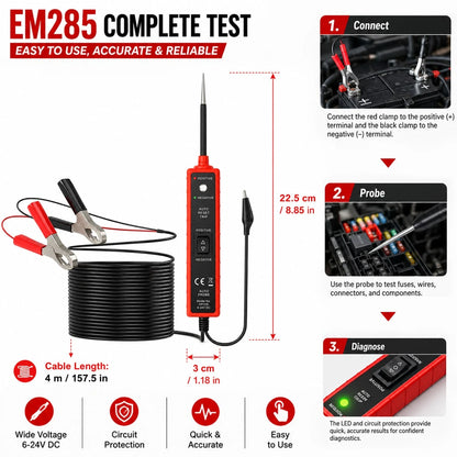 EM285 Circuit Probe Tester 6-24V Automotive Electrical Tester Voltage Polarity Detector Short Circuit Detector Car Repair Diagnostic Tool