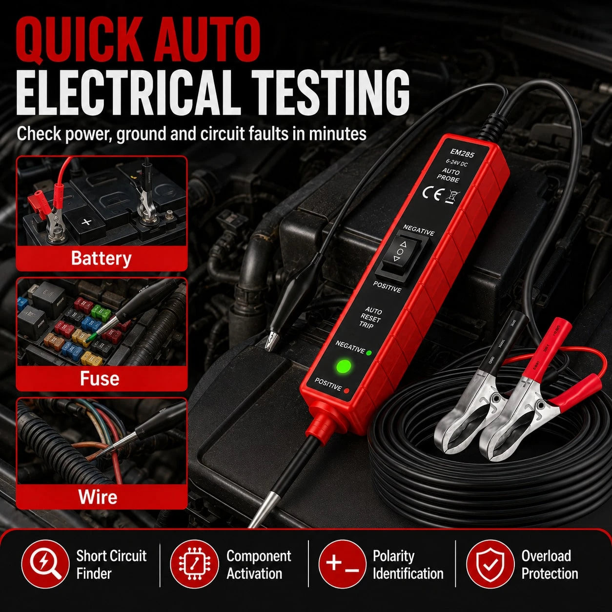 EM285 Circuit Probe Tester 6-24V Automotive Electrical Tester Voltage Polarity Detector Short Circuit Detector Car Repair Diagnostic Tool