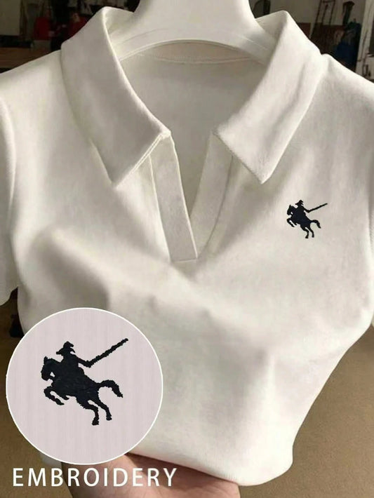 Embroidered Collar Fitted Short Sleeve T-Shirt For Women, Christmas
