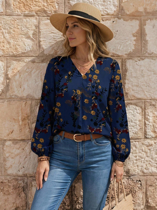 EMERY ROSE Casual Elegant Floral Pattern V-Neck Loose Blouse For Women, Suitable For Spring & Autumn Chic Blouses For Women,Casual