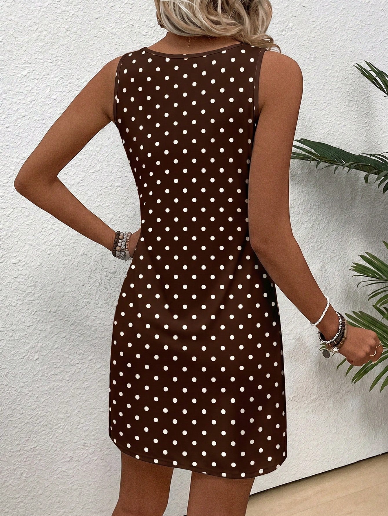 EMERY ROSE Casual Minimalist Vacation Bohemian Elegant Retro Brown & White Polka Dot Print Pattern Dress, Suitable For Music Festivals, Beach, Summer Wear Women