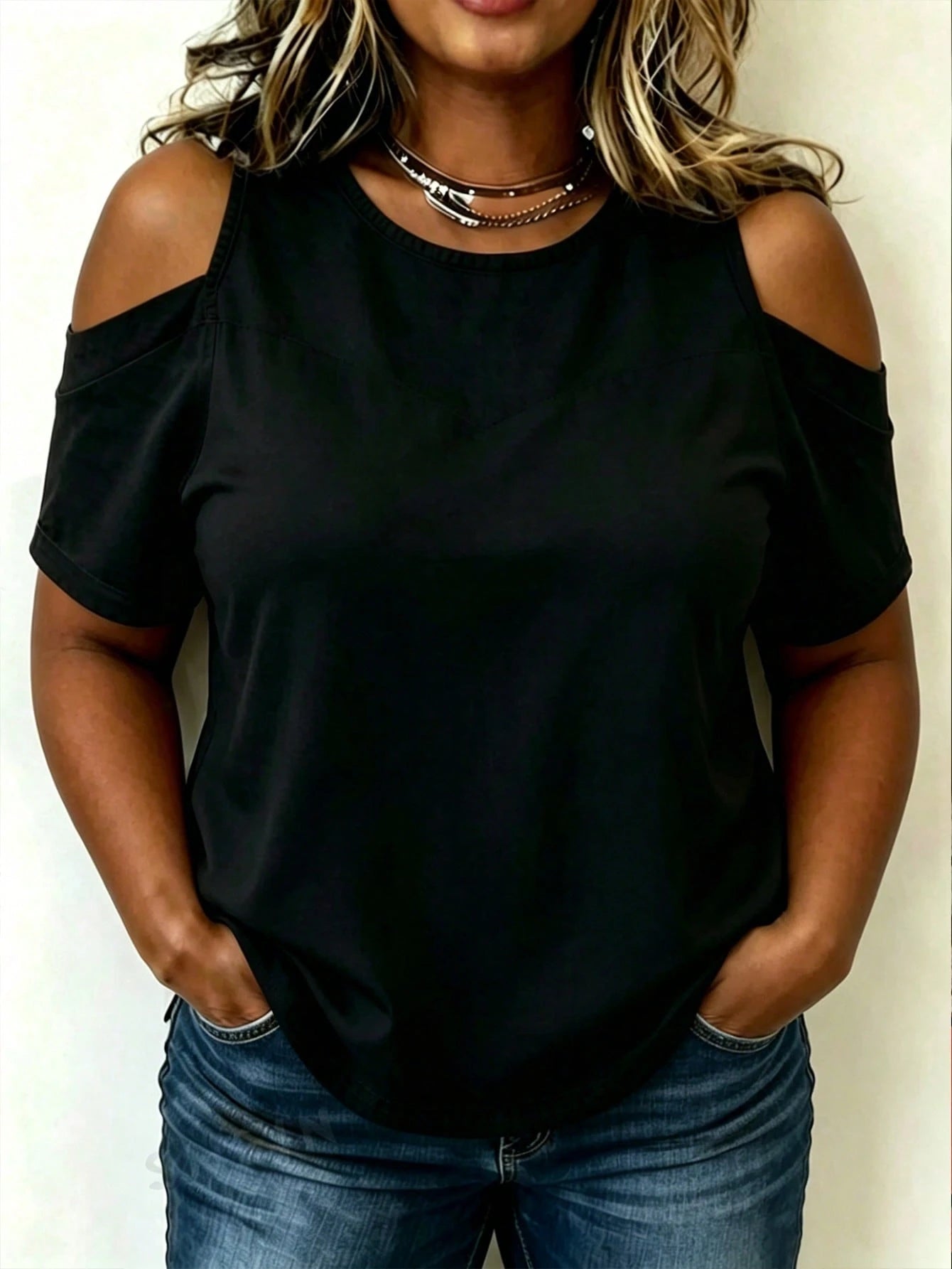 EMERY ROSE Casual Versatile Commute Black Off-Shoulder Plus Size Women's Top
