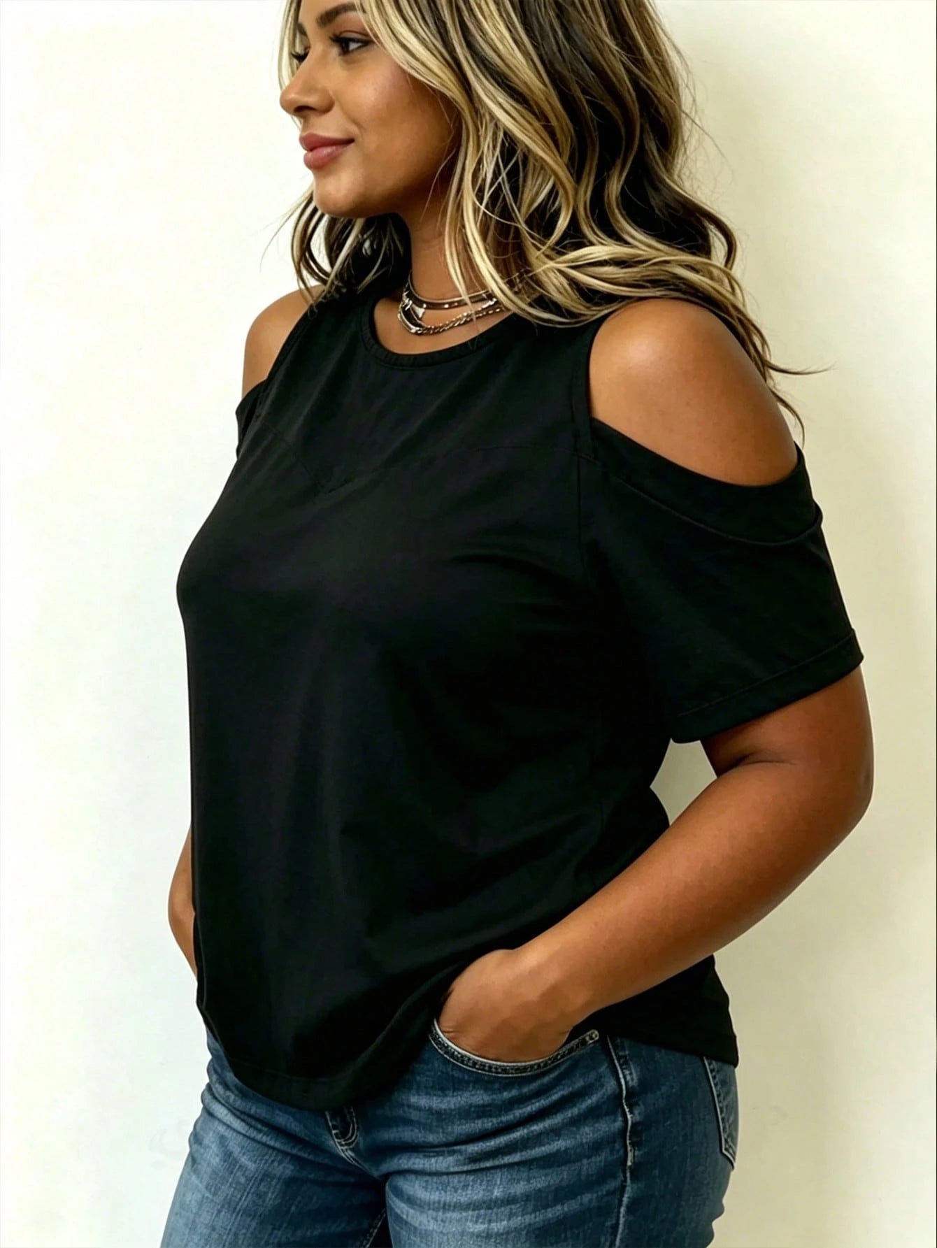 EMERY ROSE Casual Versatile Commute Black Off-Shoulder Plus Size Women's Top
