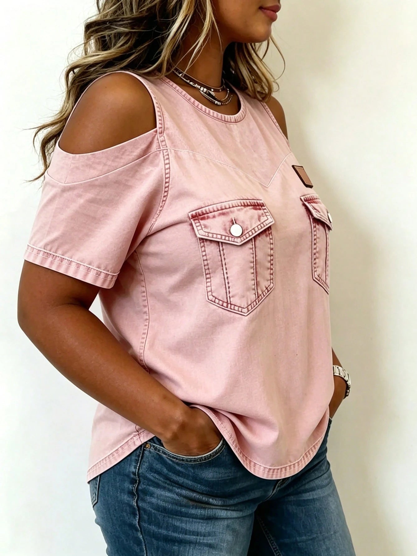 EMERY ROSE Casual Versatile Commute Black Off-Shoulder Plus Size Women's Top