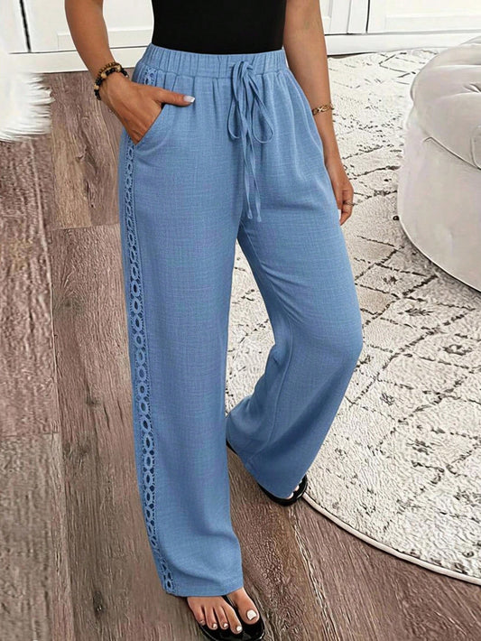 EMERY ROSE Ladies' Denim Effect Linen Blend Side Lace Insert Long Pants Fall Cloth For Women