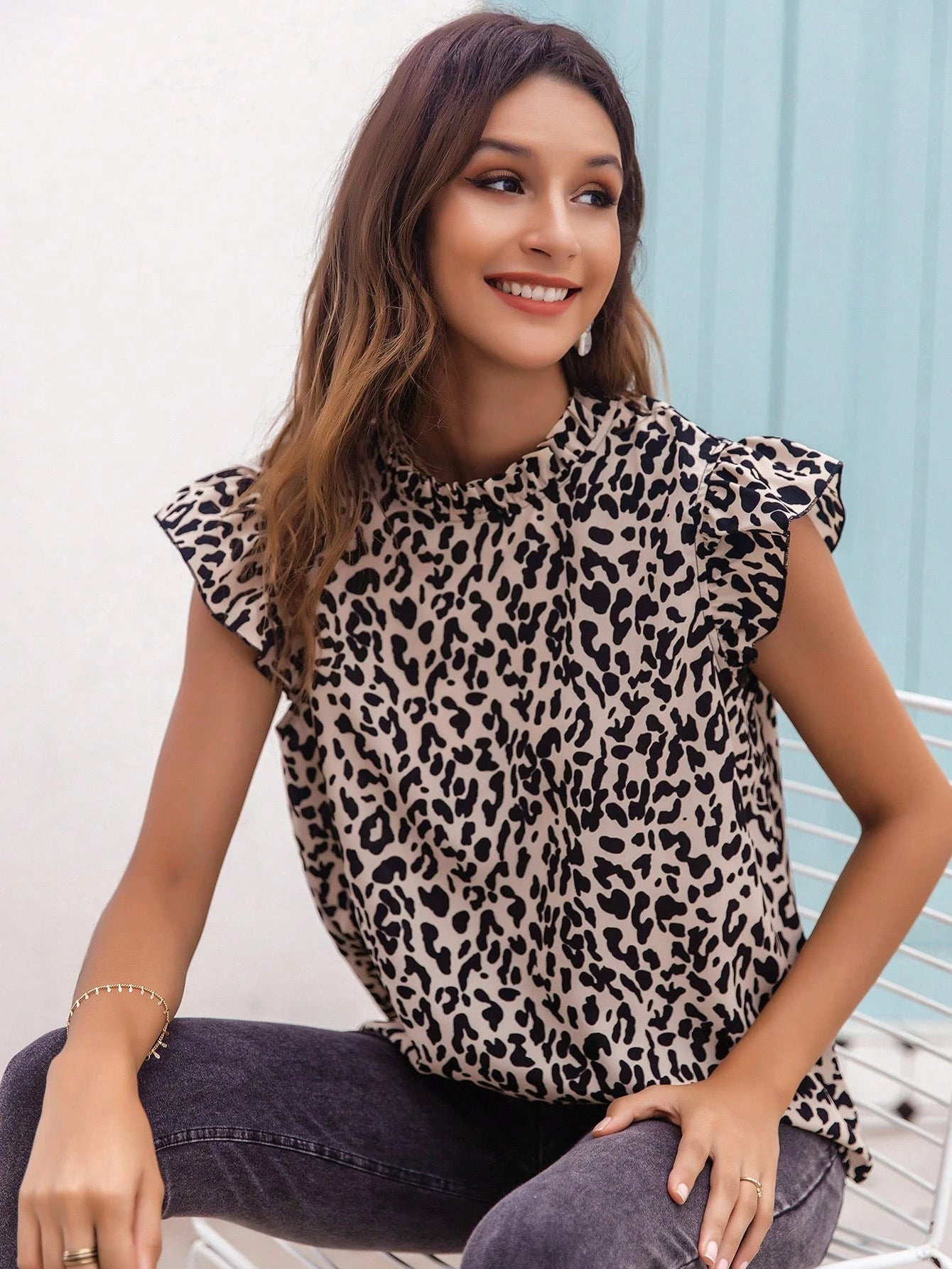 EMERY ROSE Mock Neck Allover Print Blouse