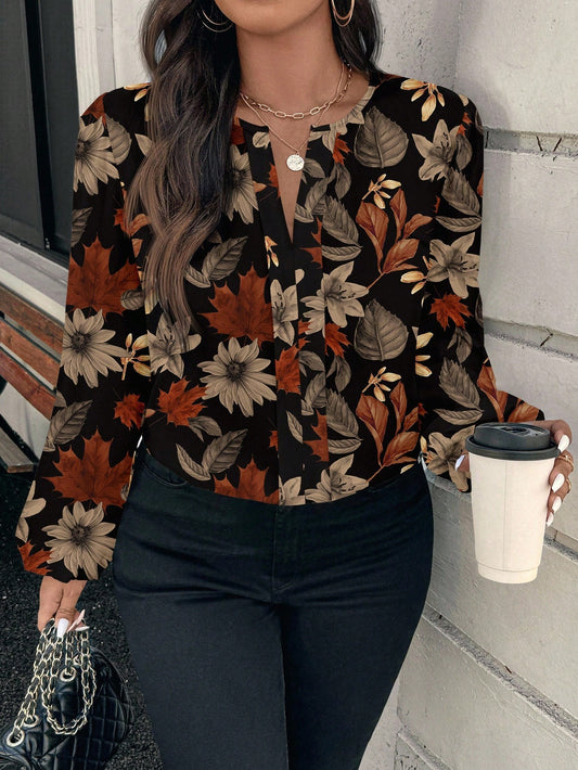 EMERY ROSE Plus Size Black Maple Leaf & Floral Pattern Shirt,Elegant Autumn Long Sleeve Round Neck Blouse For Women,Smart Casual Office Chic Top,Brown Floral