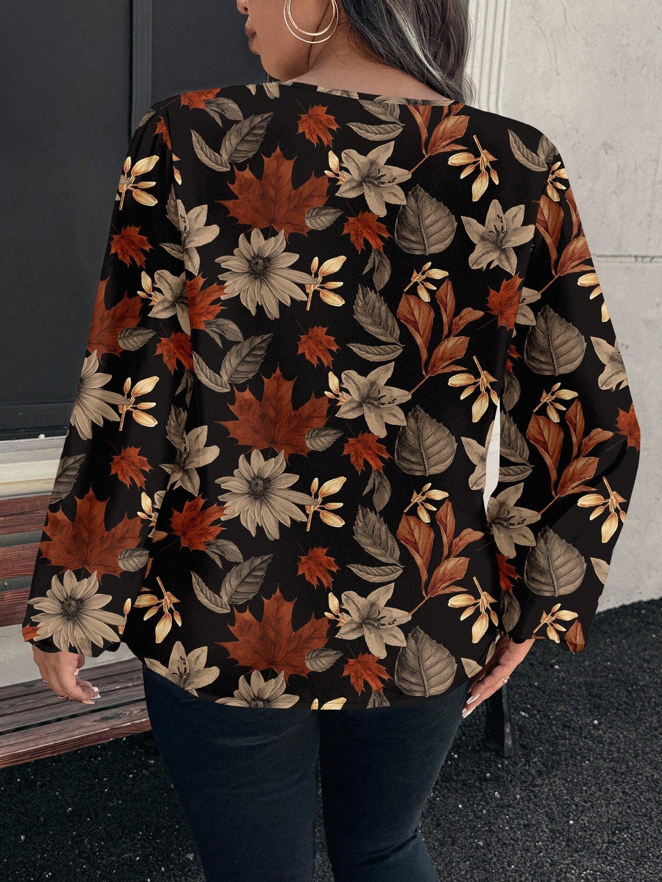 EMERY ROSE Plus Size Black Maple Leaf & Floral Pattern Shirt,Elegant Autumn Long Sleeve Round Neck Blouse For Women,Smart Casual Office Chic Top,Brown Floral