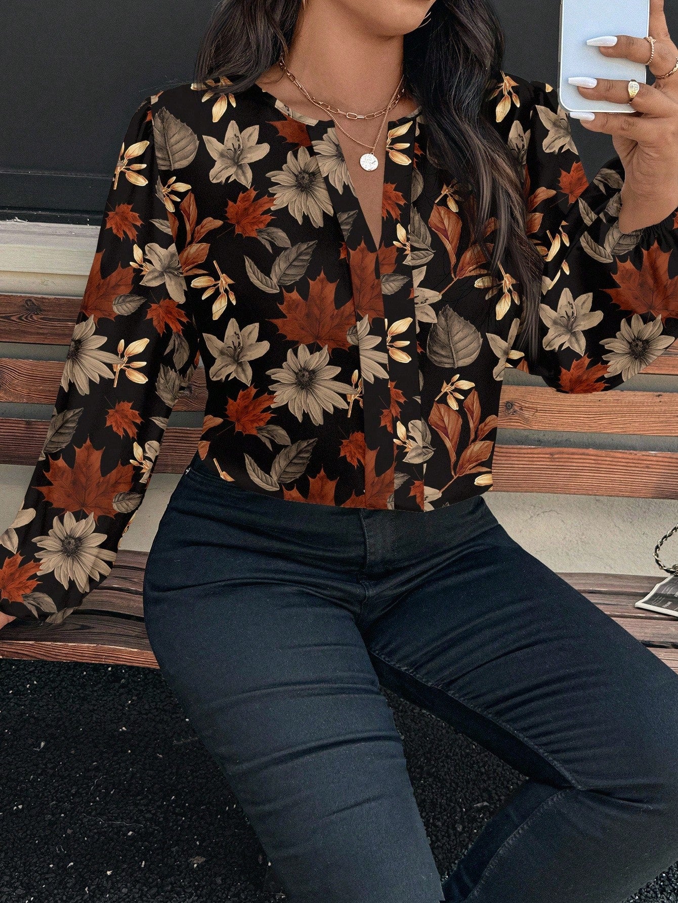 EMERY ROSE Plus Size Black Maple Leaf & Floral Pattern Shirt,Elegant Autumn Long Sleeve Round Neck Blouse For Women,Smart Casual Office Chic Top,Brown Floral