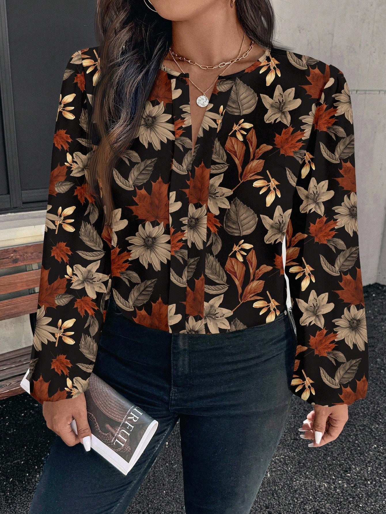 EMERY ROSE Plus Size Black Maple Leaf & Floral Pattern Shirt,Elegant Autumn Long Sleeve Round Neck Blouse For Women,Smart Casual Office Chic Top,Brown Floral