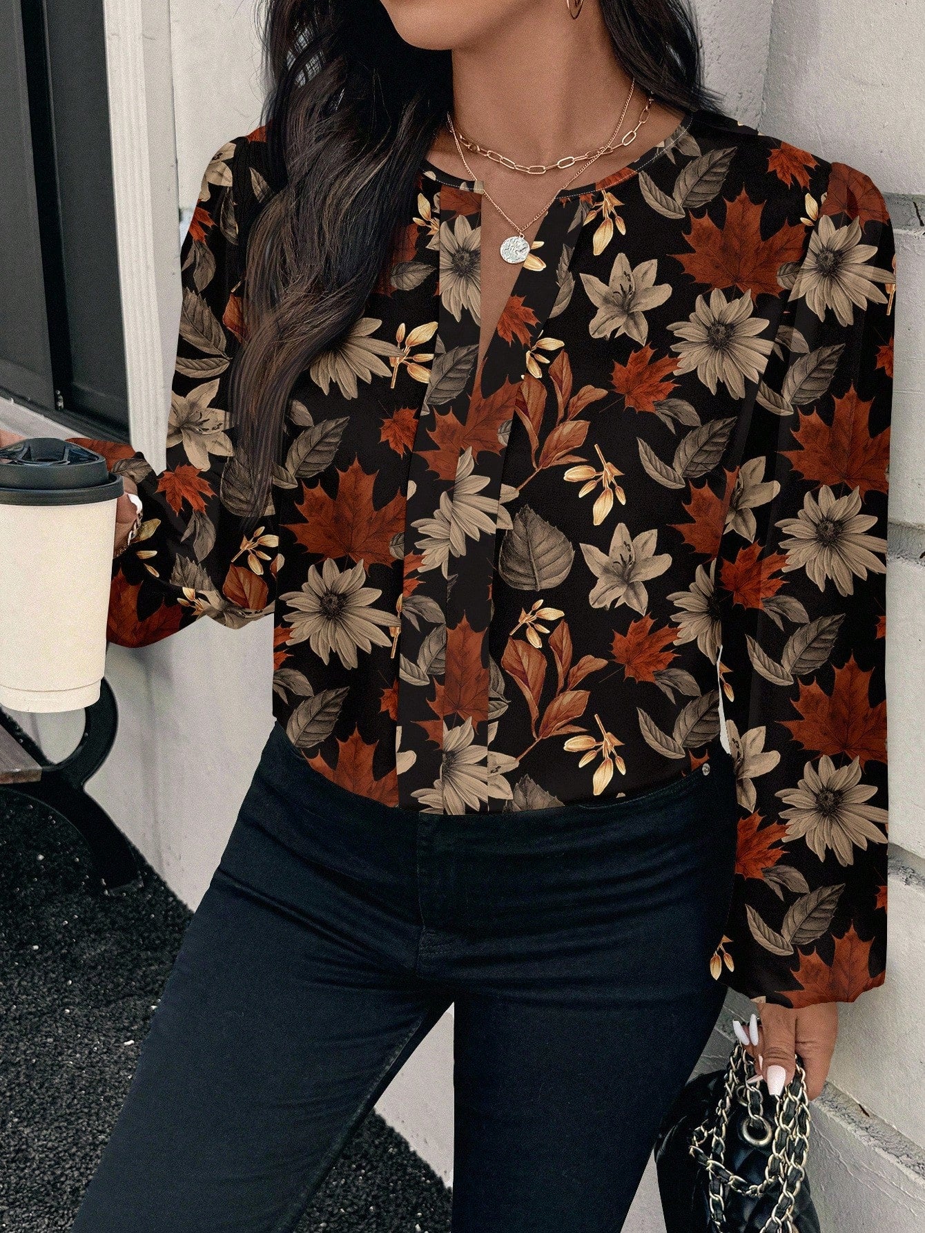 EMERY ROSE Plus Size Black Maple Leaf & Floral Pattern Shirt,Elegant Autumn Long Sleeve Round Neck Blouse For Women,Smart Casual Office Chic Top,Brown Floral