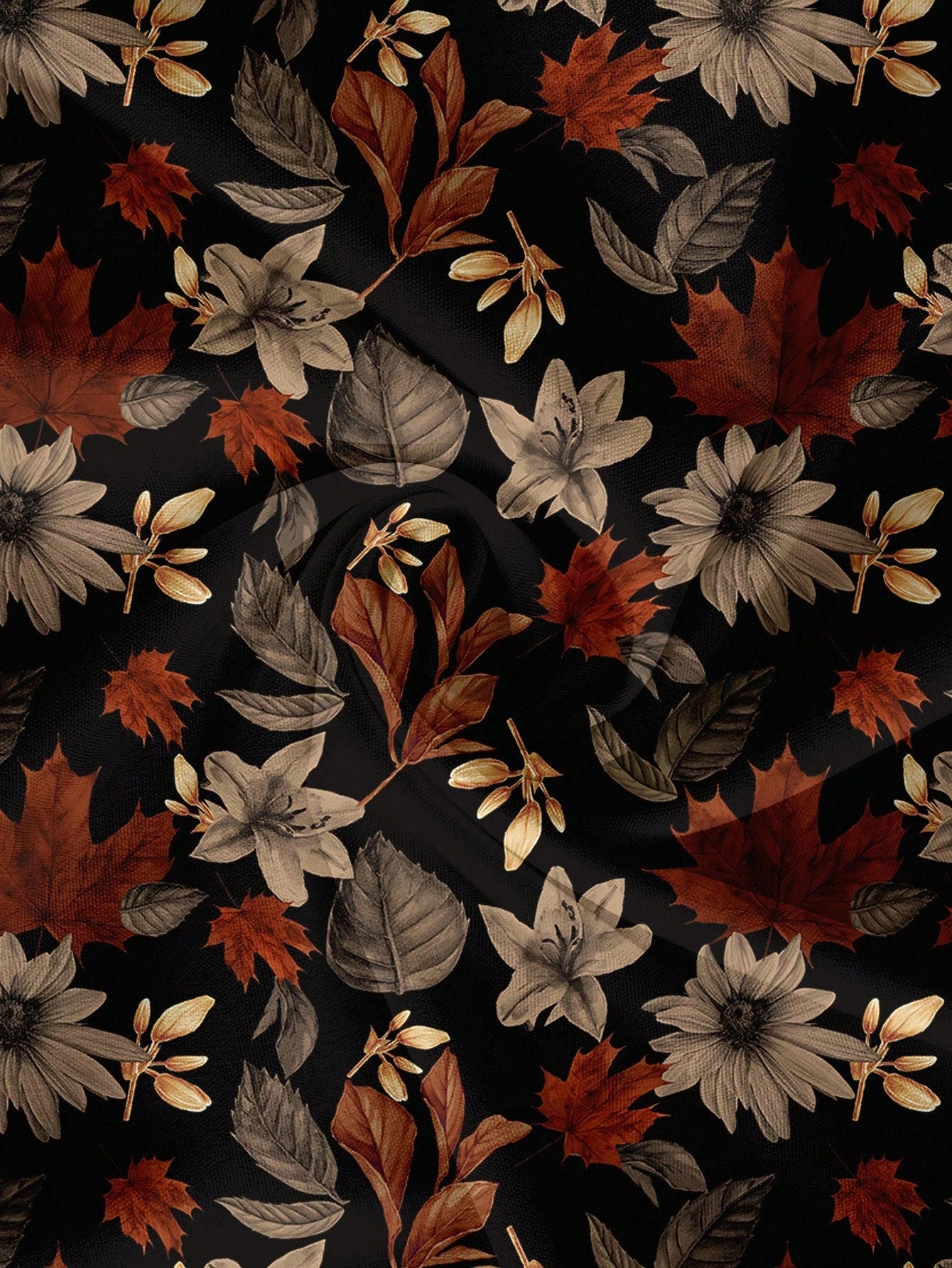 EMERY ROSE Plus Size Black Maple Leaf & Floral Pattern Shirt,Elegant Autumn Long Sleeve Round Neck Blouse For Women,Smart Casual Office Chic Top,Brown Floral