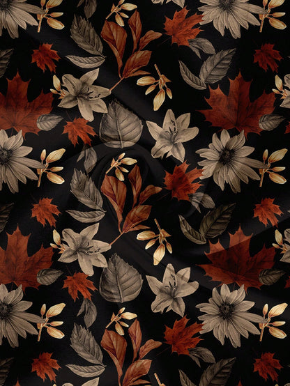 EMERY ROSE Plus Size Black Maple Leaf & Floral Pattern Shirt,Elegant Autumn Long Sleeve Round Neck Blouse For Women,Smart Casual Office Chic Top,Brown Floral