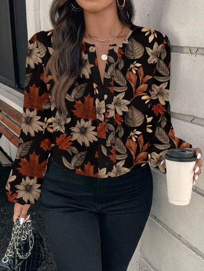 EMERY ROSE Plus Size Black Maple Leaf & Floral Pattern Shirt,Elegant Autumn Long Sleeve Round Neck Blouse For Women,Smart Casual Office Chic Top,Brown Floral