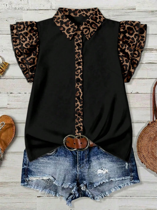 EMERY ROSE Plus Size Leopard Print Color Block Shirt Formal Black Summer Casual