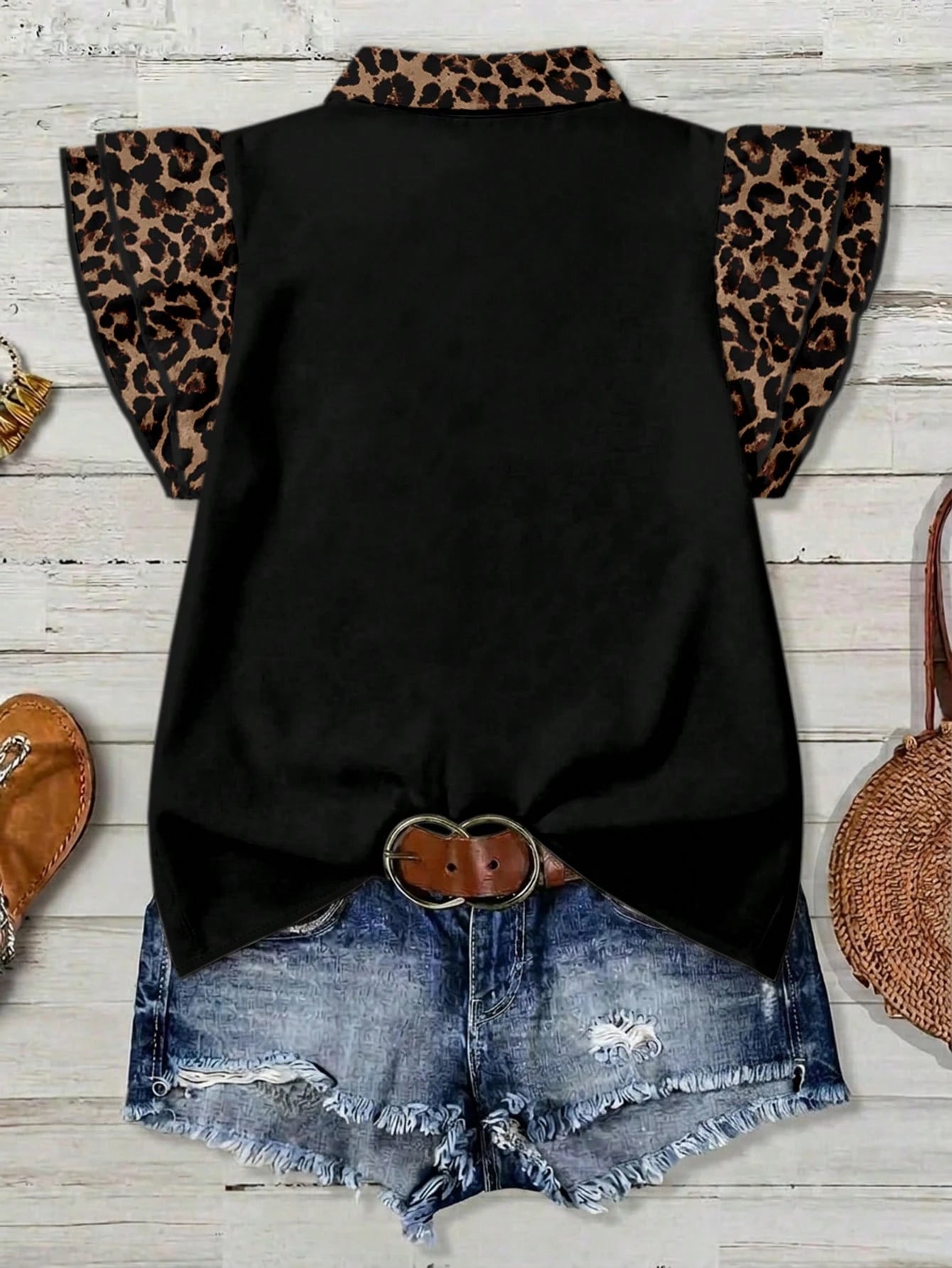EMERY ROSE Plus Size Leopard Print Color Block Shirt Formal Black Summer Casual